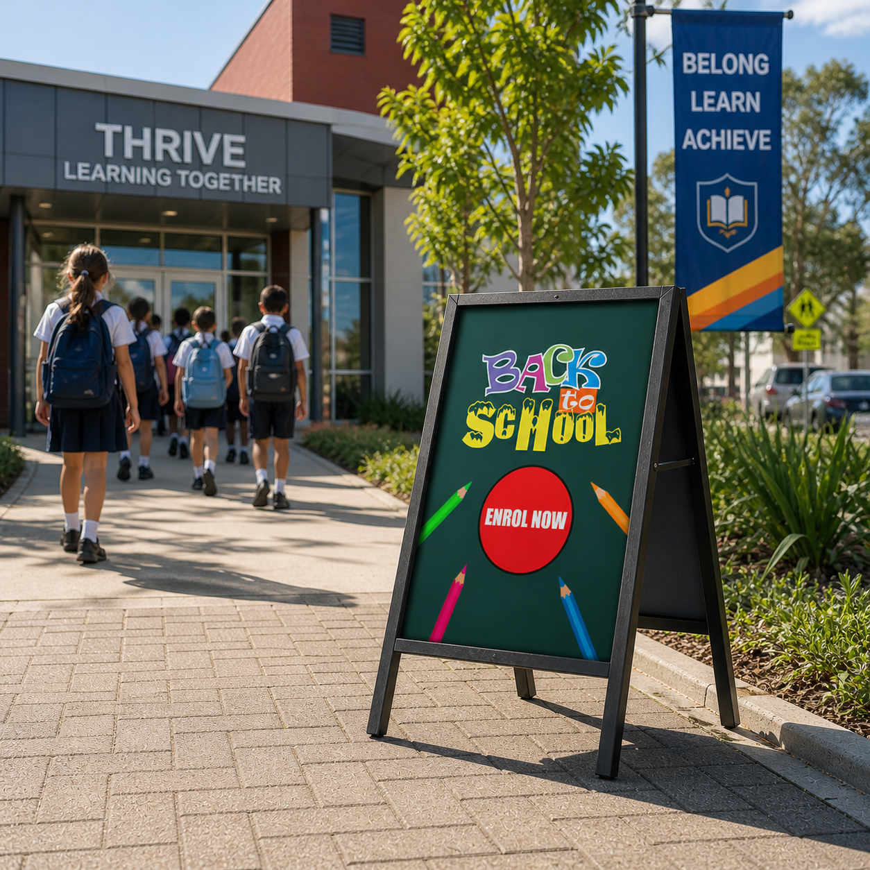 School children walking towards a building with a 'Back to School' sign encouraging enrollment.