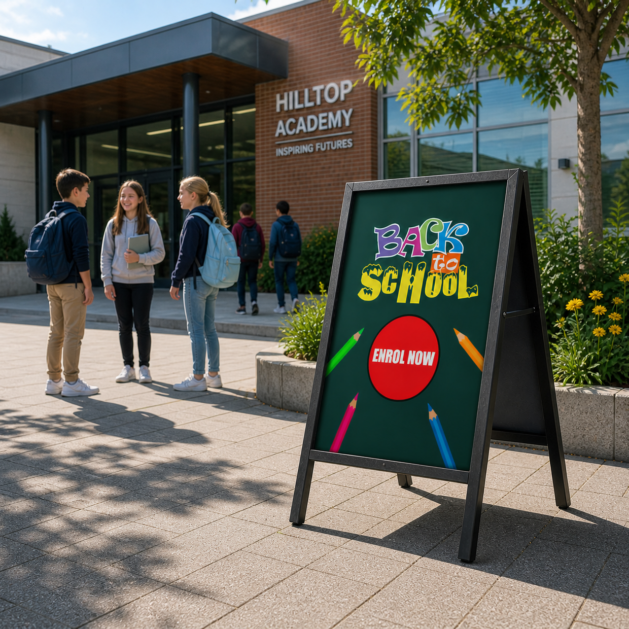 Students outside a building with a 'Back to School' sign in front.