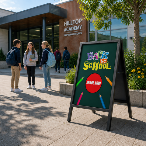 Students outside a building with a 'Back to School' sign in front.