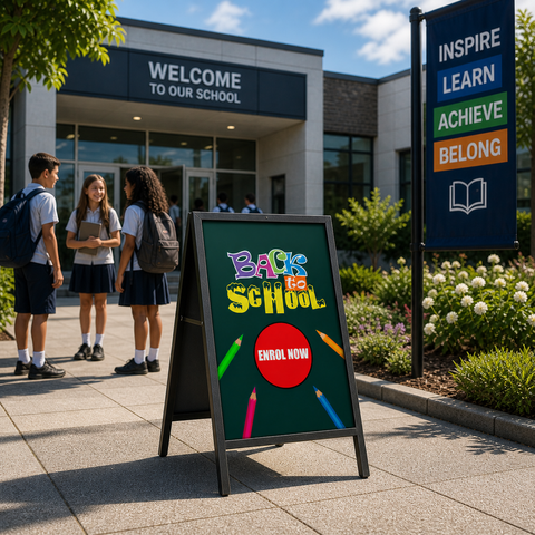 Students standing outside a school with a 'Back to School' sign and motivational banner.