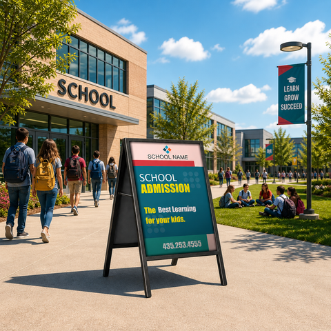 School entrance with students walking, a sign advertising school admission, and a clear blue sky.