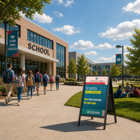 School building with students walking and a school admission sign in front.