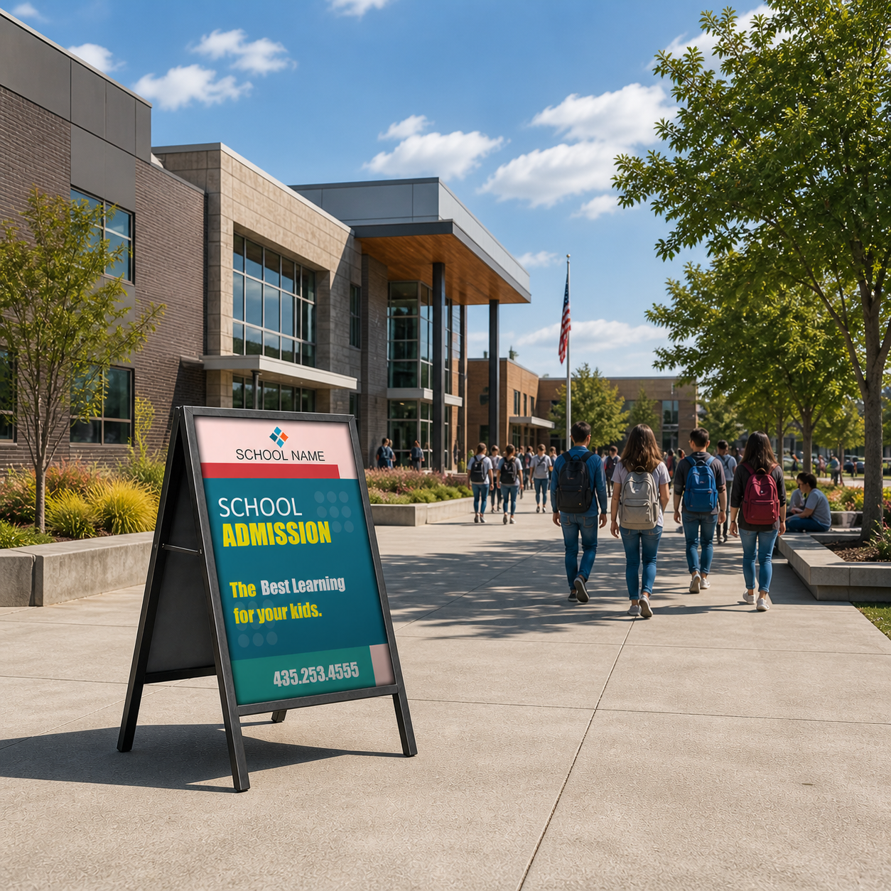 Students walking on a sidewalk in front of a school building with aframe board.