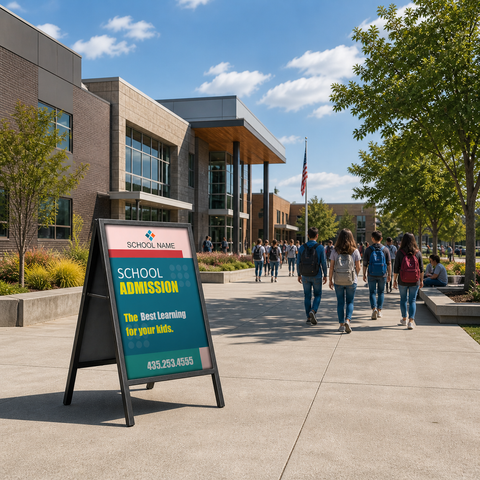 Students walking on a sidewalk in front of a school building with aframe board.