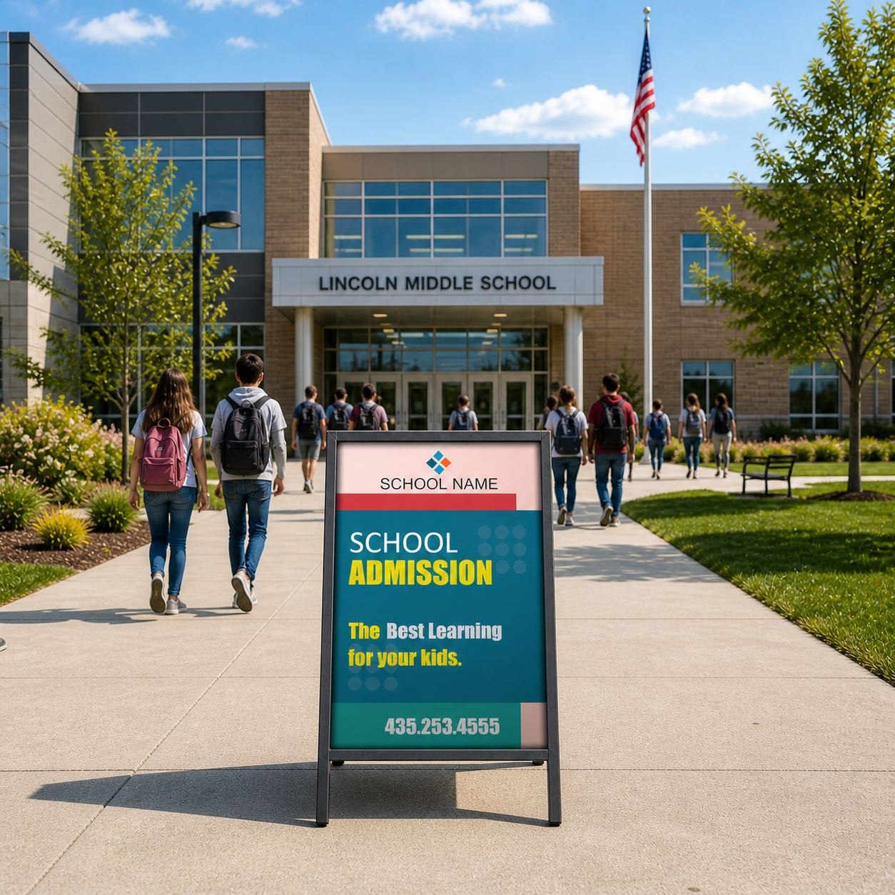 Middle School with students walking and a school admission sign in the foreground.