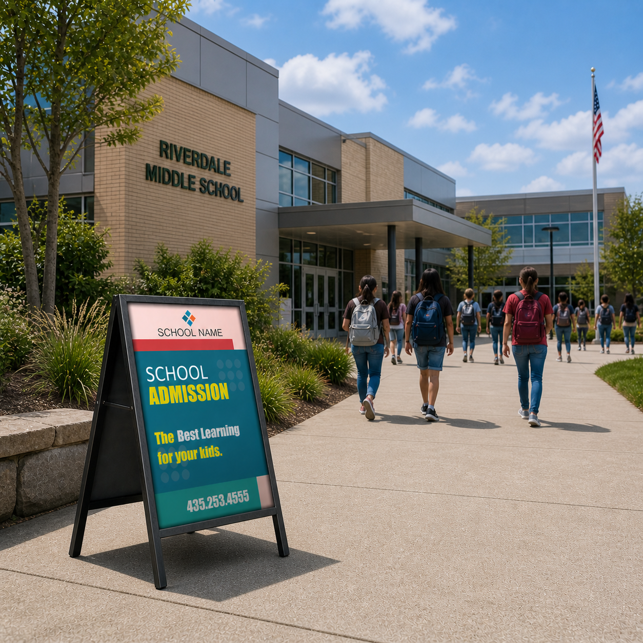 Students walking towards Middle School with a school admission sign in the foreground.