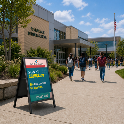 Students walking towards Middle School with a school admission sign in the foreground.