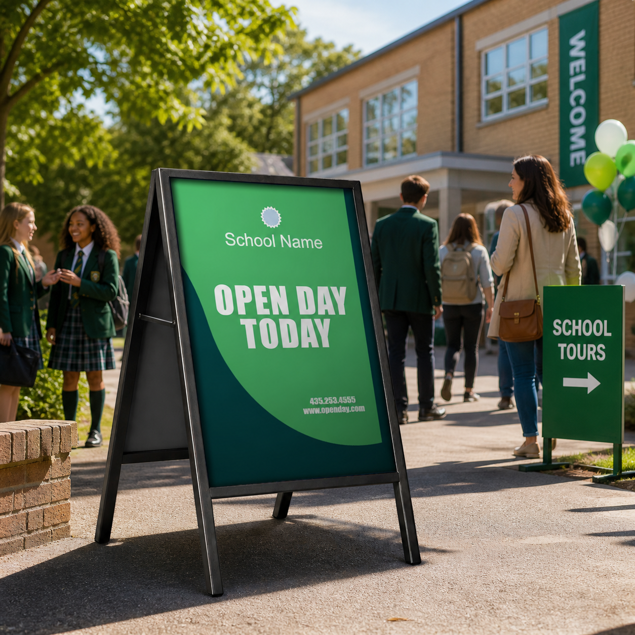 Outdoor school open day sign with students and school building in the background