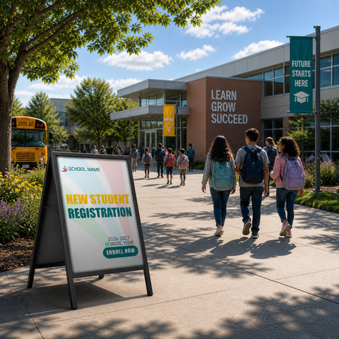 Students walking towards a school with a 'New Student Registration' sign in the foreground.
