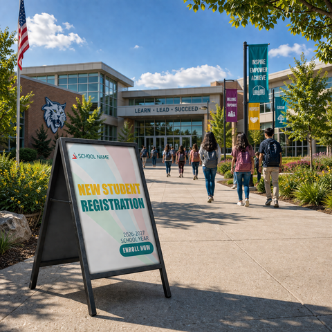 New student registration sign in front of a school building with students walking by.