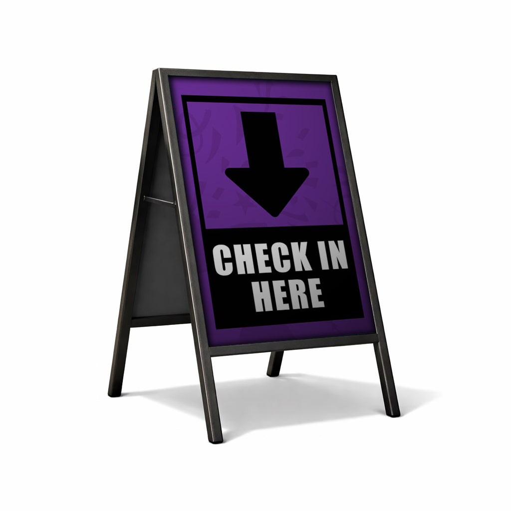 A-frame sign with purple background and black text and arrow on a white background