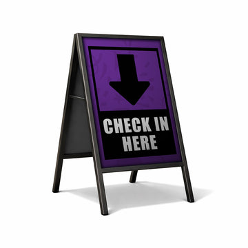 A-frame sign with purple background and black text and arrow on a white background