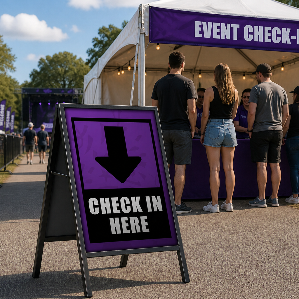 Check In A-Frame Sign next to Event Marquee