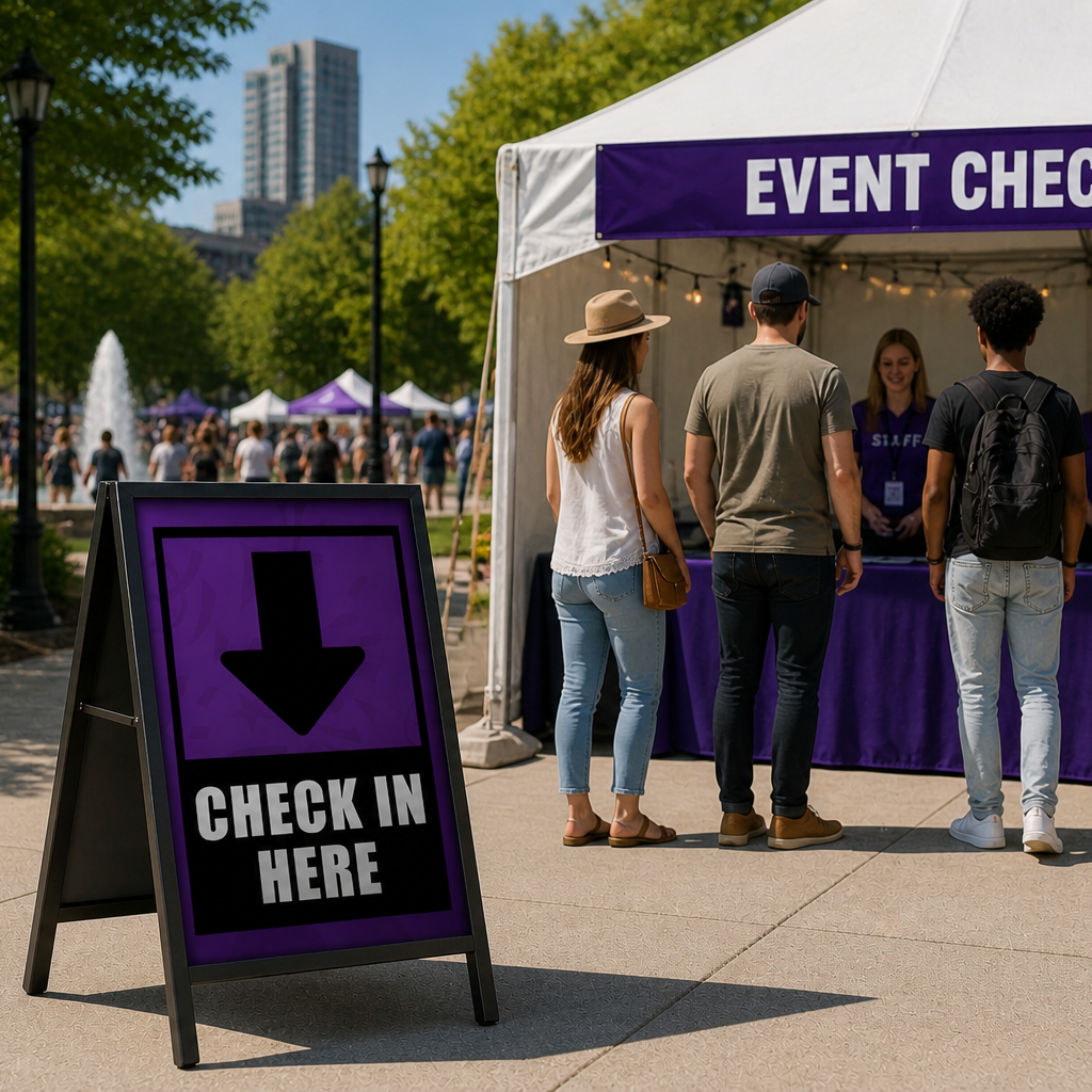 Event check-in tent with people waiting, sign directing attendees to check in, and cityscape in the background.