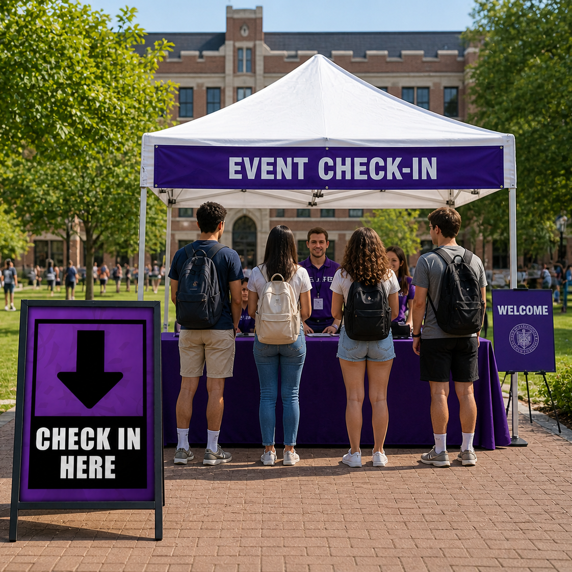 Event check-in tent with people and a sign on a college campus