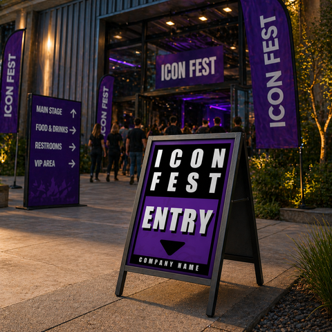 Icon Fest entrance sign with event branding and directionals at night.