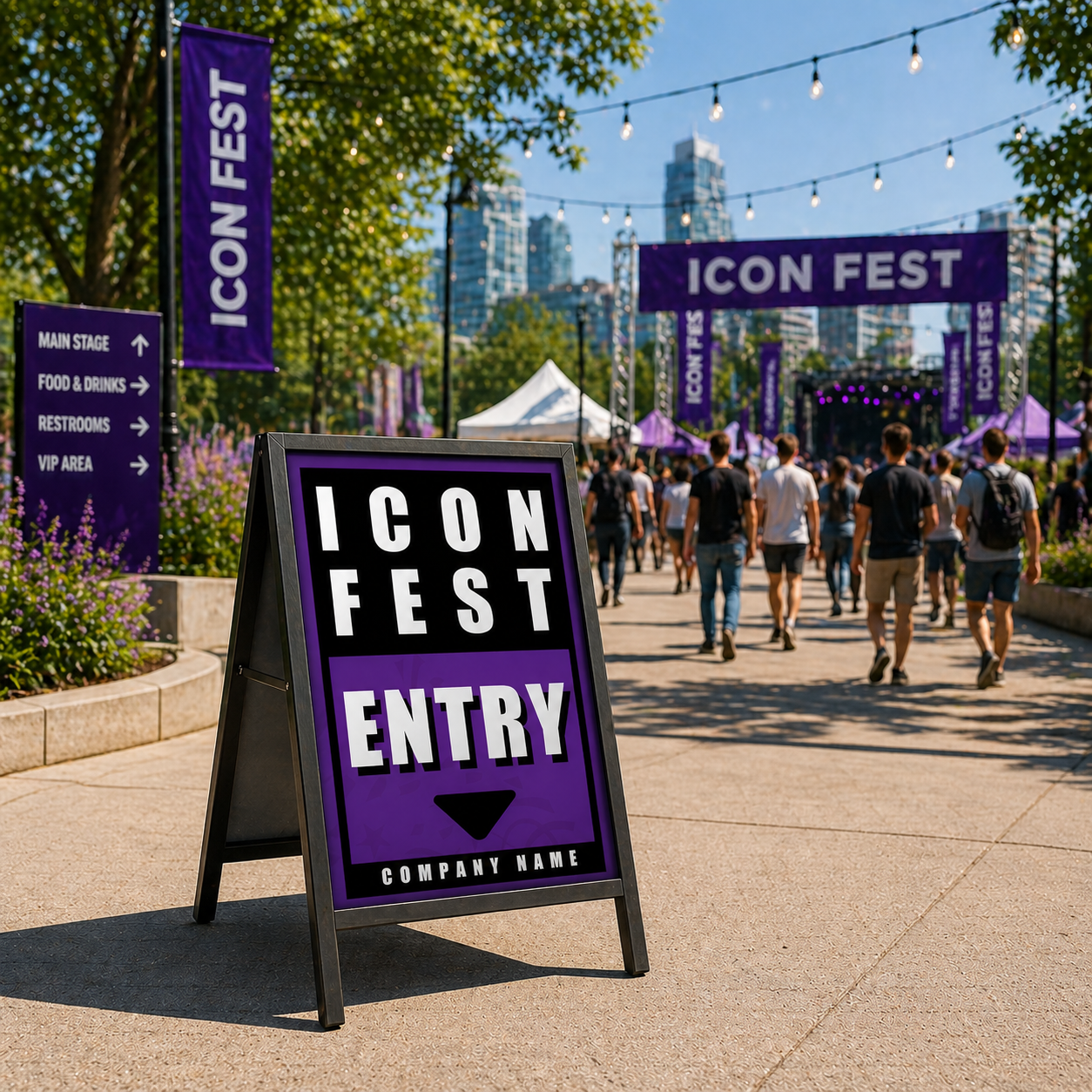 Icon Fest event with people walking around and a prominent sign directing attendees to the entry.