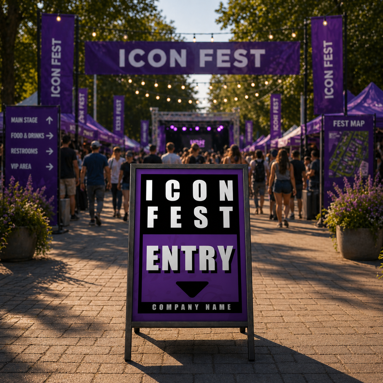 Icon Fest entrance with attendees and branding elements