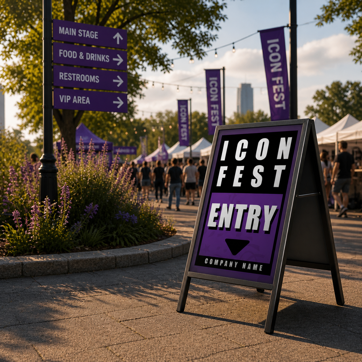 Icon Fest entry sign at an outdoor event with people and tents in the background.