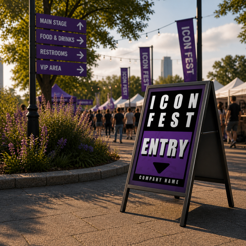 Icon Fest entry sign at an outdoor event with people and tents in the background.