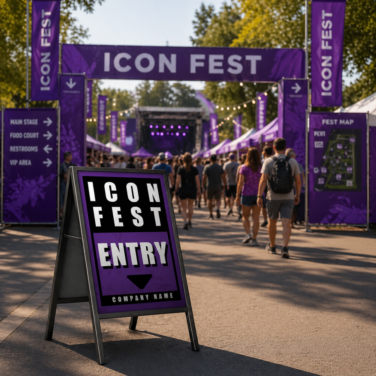 Icon Fest entrance with attendees walking towards a stage and festival booths.