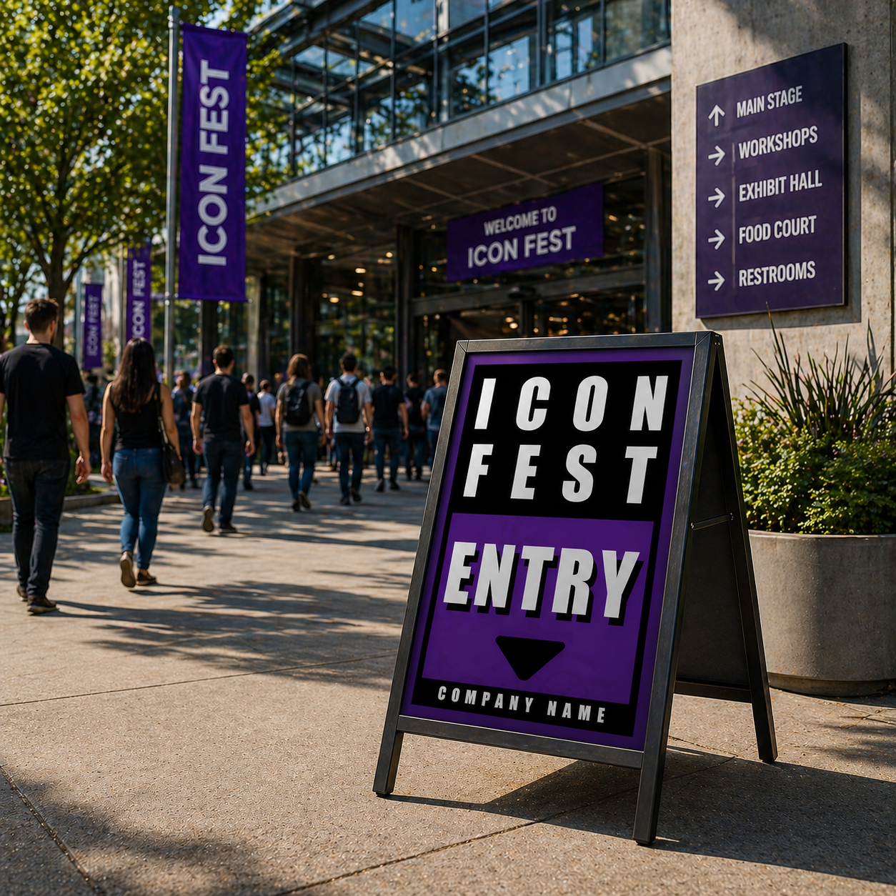 Icon Fest entrance sign with people walking towards a building with 'Icon Fest' banners.