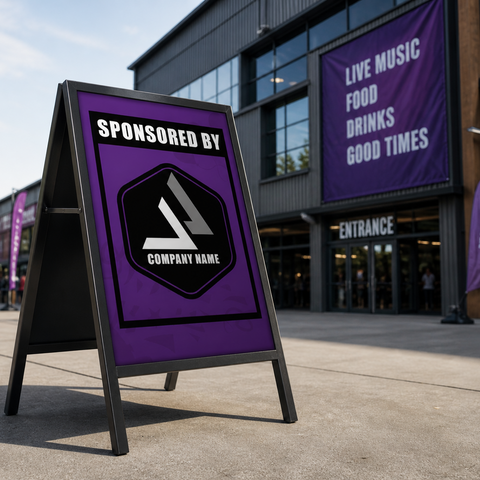 Purple sponsored sign in front of a building with banners and people in the background