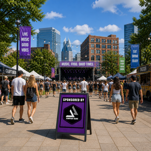 Outdoor event with people walking towards a stage, sponsored by a purple sign.