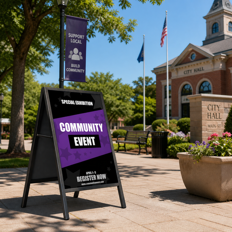 Outdoor community event sign in front of a city hall building with trees and flags in the background.