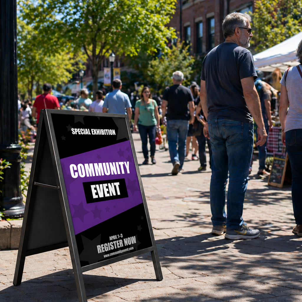 People walking on a sidewalk with a community event sign in the foreground.