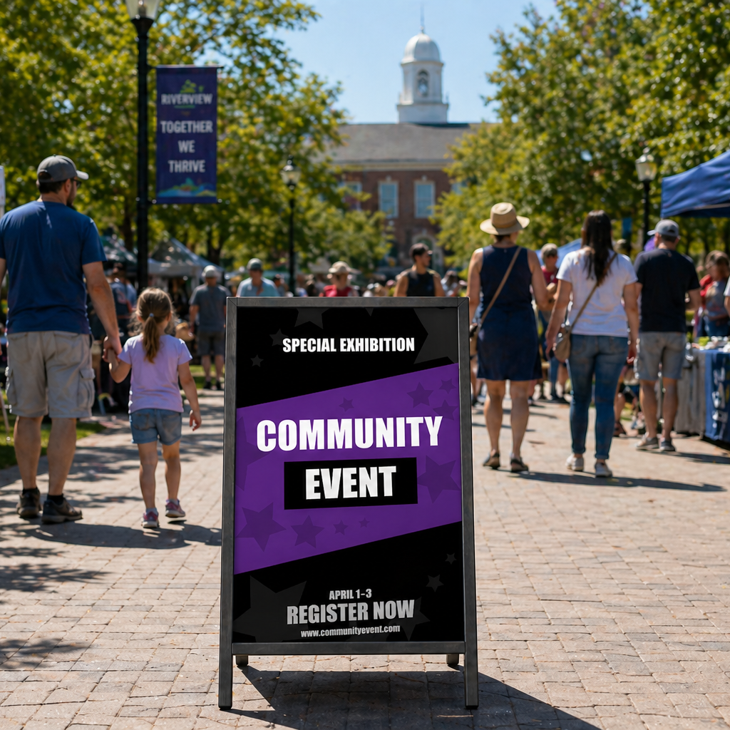 Community event sign on a sidewalk with people and tents in the background