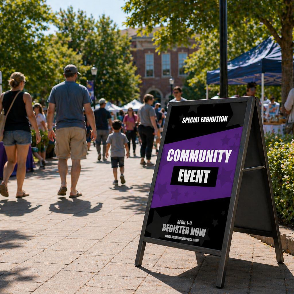 Community event sign with people walking in a park-like setting