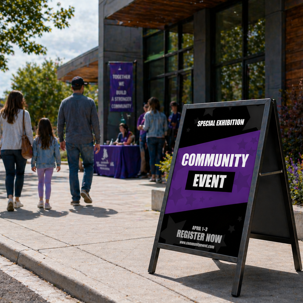 Outdoor purple A-frame signage