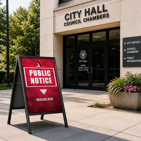 Red public notice sign in front of City Hall Council Chambers