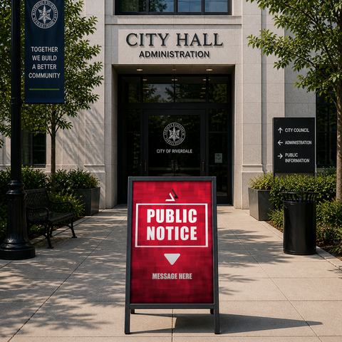 Public notice sign in front of City Hall Administration building