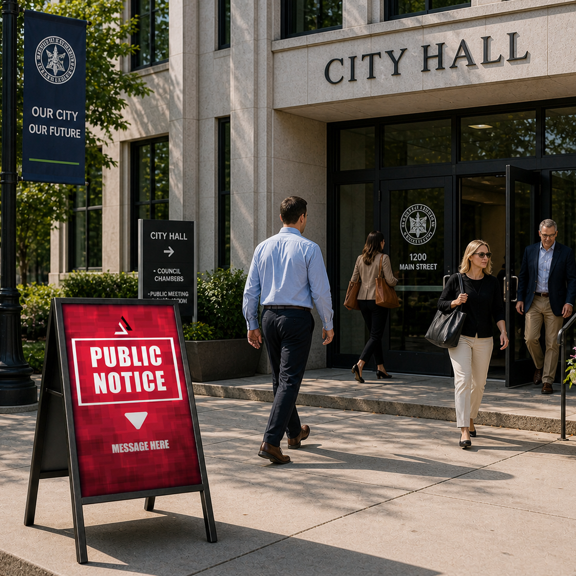 People walking past City Hall with a public notice sign in the foreground.