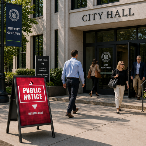 People walking past City Hall with a public notice sign in the foreground.