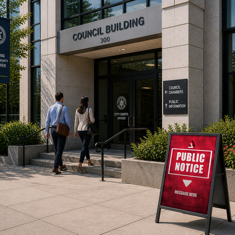 Two people walking up steps to a building labeled 'Council Building' with a red and black sign indicating a public notice.