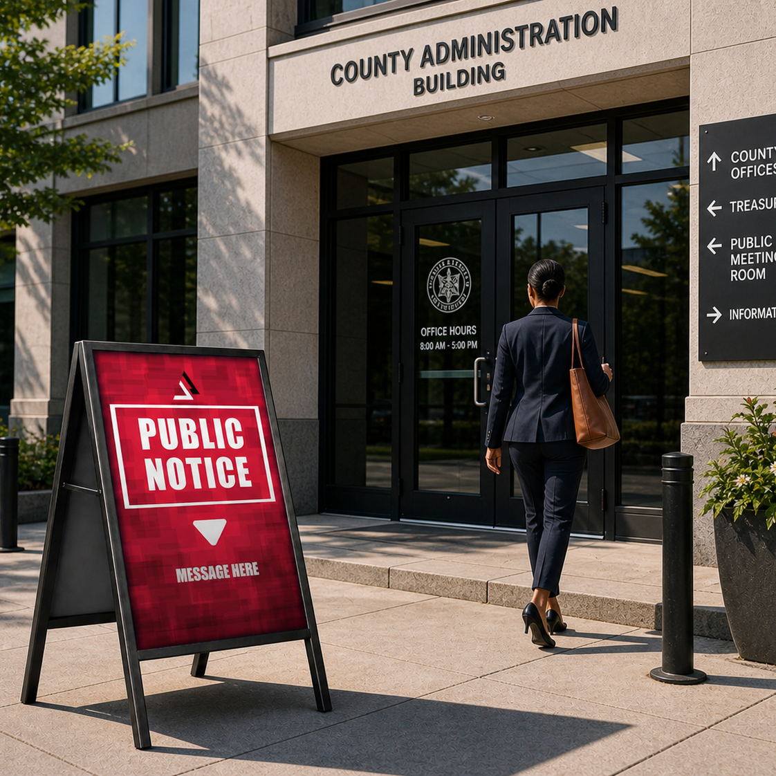 Person walking towards a county administration building with a red public notice sign.