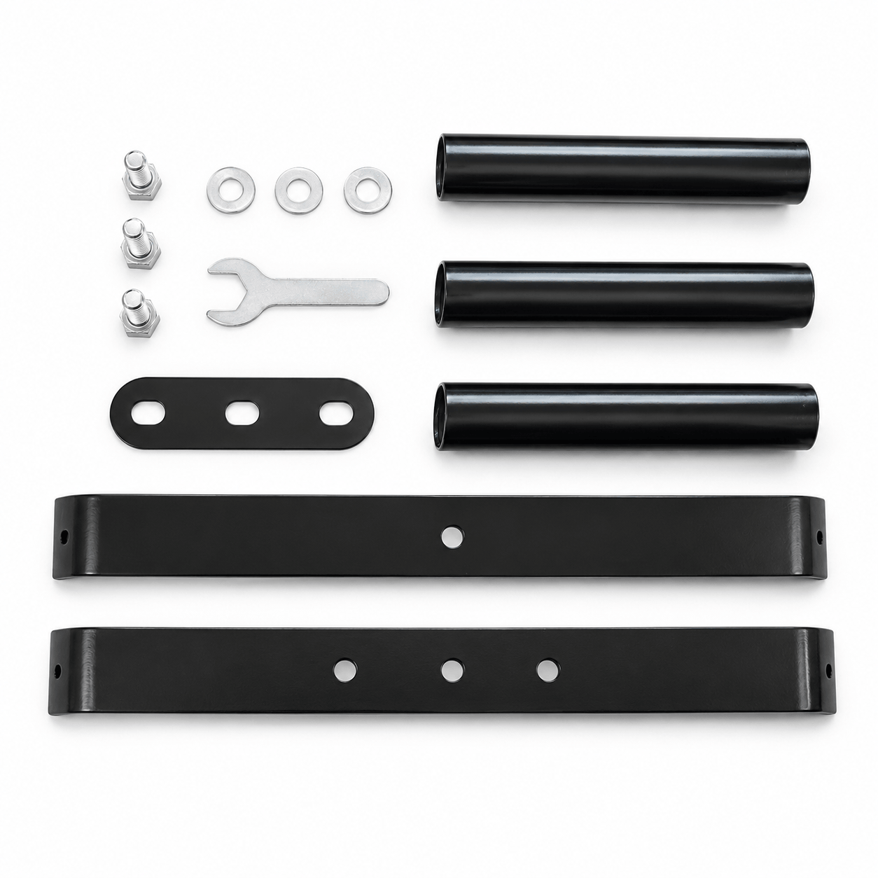 A black metal mounting kit with two long bracket pieces, three black cylindrical tubes, a black mounting plate, silver bolts, washers, and a small wrench, arranged on a white background.