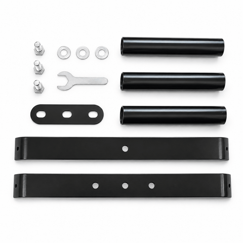 A black metal mounting kit with two long bracket pieces, three black cylindrical tubes, a black mounting plate, silver bolts, washers, and a small wrench, arranged on a white background.