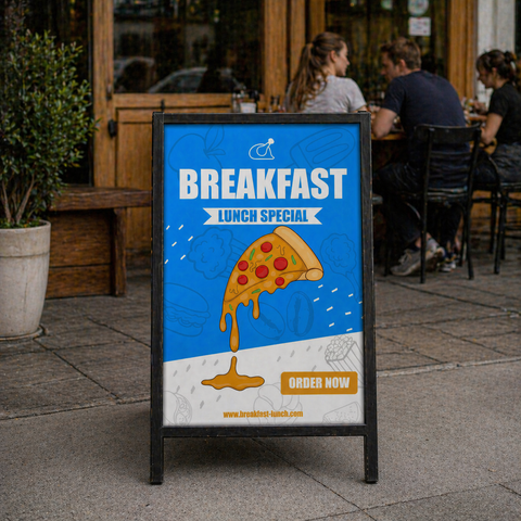 Outdoor sign advertising breakfast and lunch special with a pizza illustration in an urban setting.