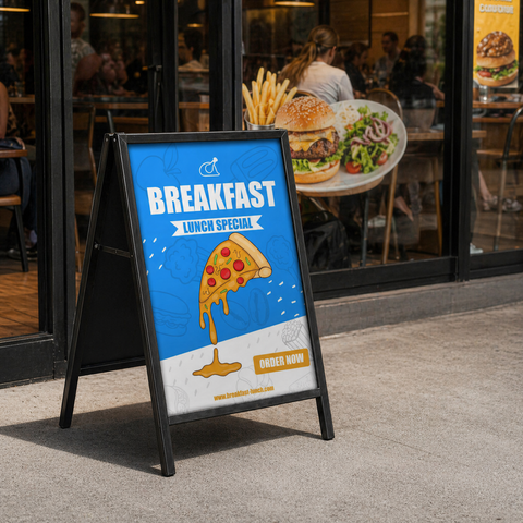 Outdoor sign advertising breakfast and lunch specials with a pizza illustration, placed outside a restaurant.
