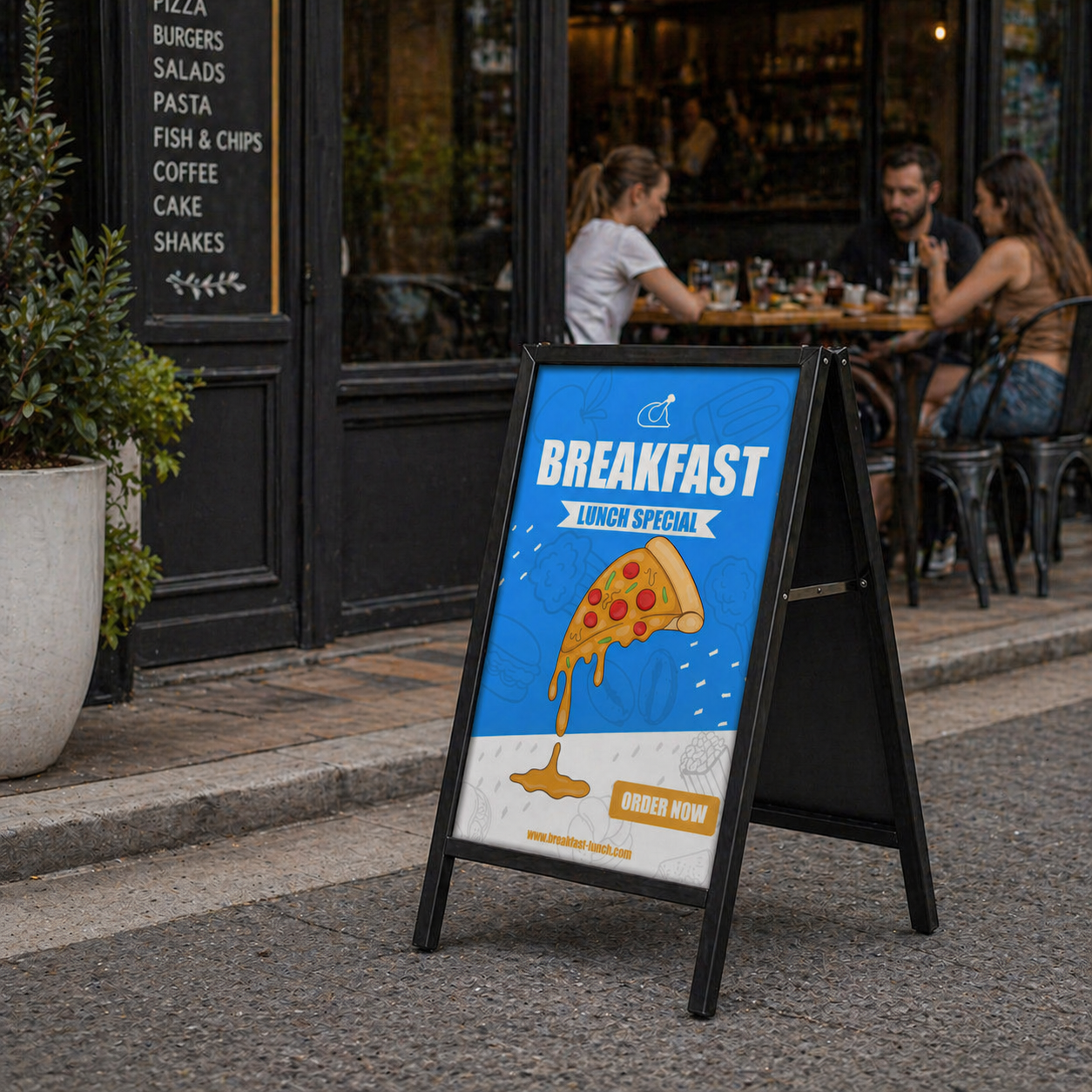 Outdoor sign advertising breakfast and lunch specials with a pizza illustration, placed outside a restaurant.