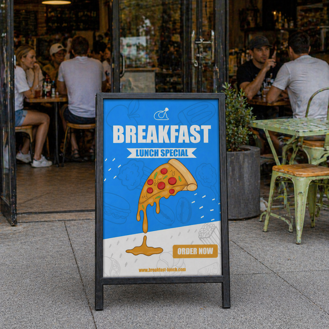 Outdoor sign advertising breakfast and lunch specials with a pizza illustration in an urban setting.