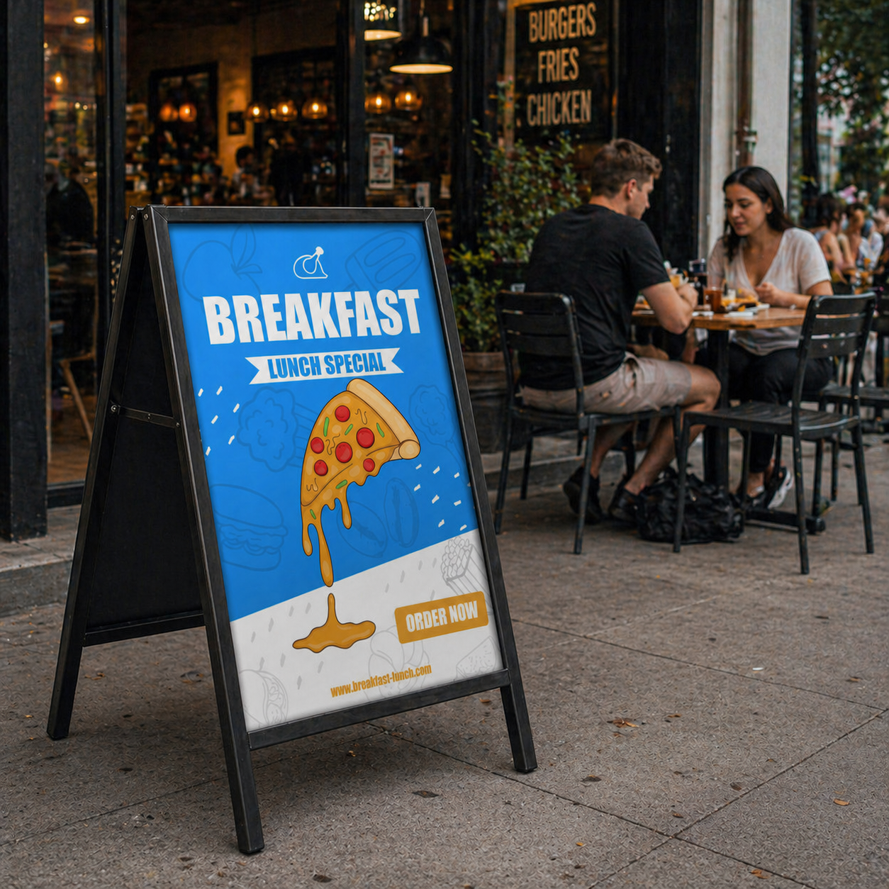 Outdoor sign advertising breakfast and lunch specials with a pizza illustration, placed in front of an outdoor seating area of a restaurant.