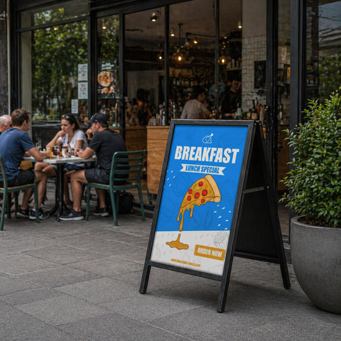 Outdoor cafe scene with a 'Breakfast and Lunch Special' sign featuring a pizza illustration.