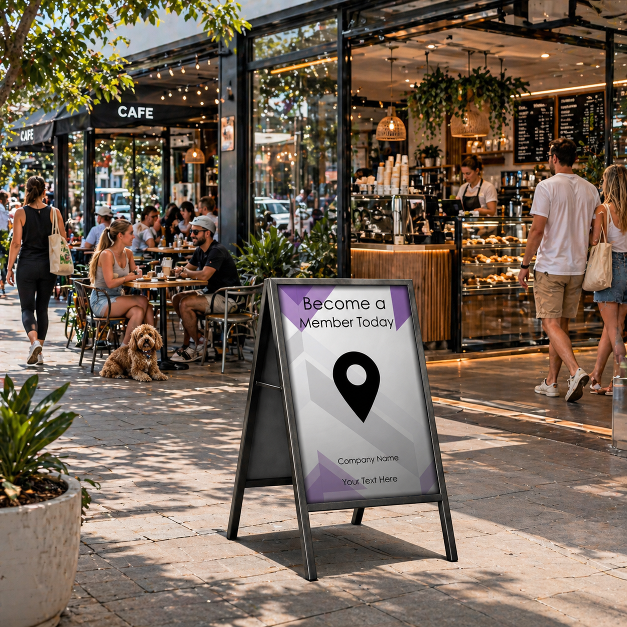 Outdoor cafe scene with a signboard promoting membership.