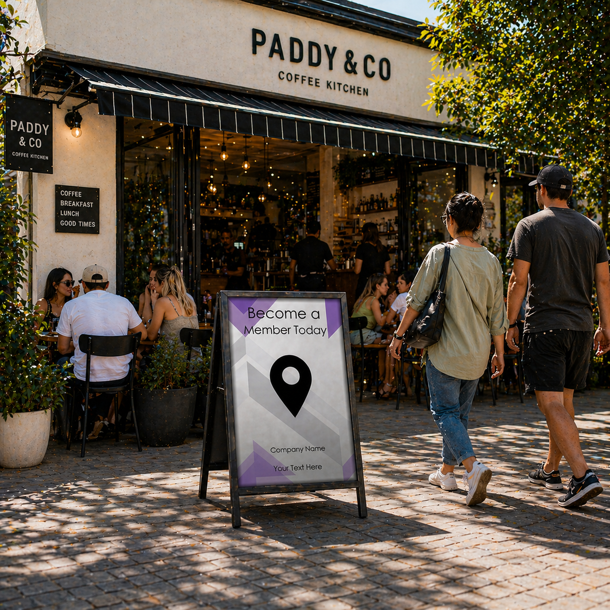 People walking past a coffee shop named 'Paddy & Co' with a sign advertising membership.