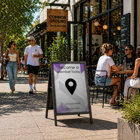 Outdoor cafe scene with people sitting at tables and a sign advertising membership.